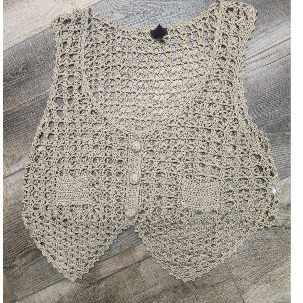 Tan Y2K Boho Retro Shabby Chic Coastal Grandmother Awake by DS Crochet Vest XL